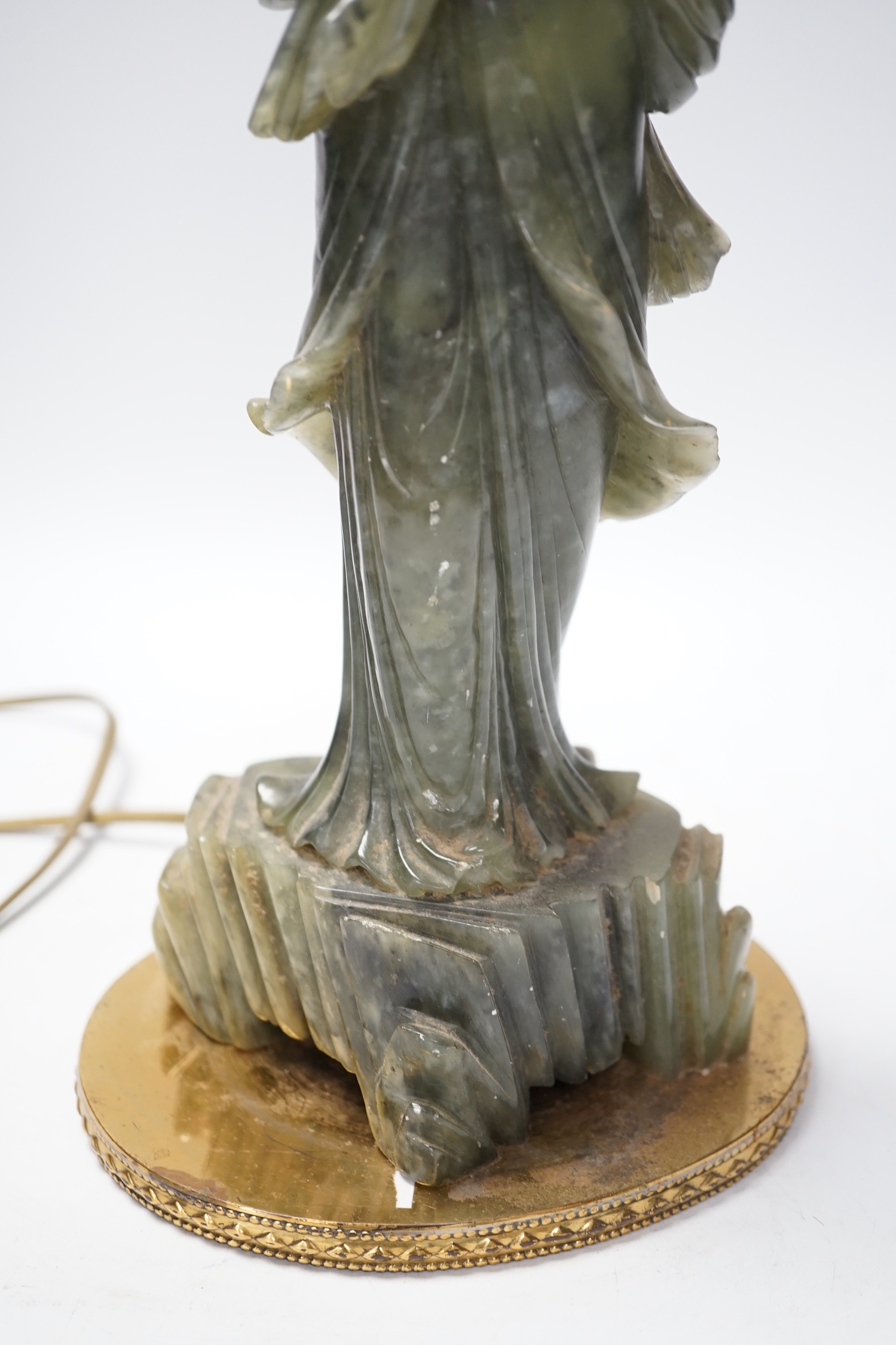 A Chinese carved soapstone figural lamp, 48cm total